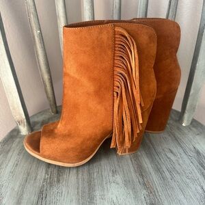 DV by Dolce Vita Fringe Peep-Toe Boots - Brown